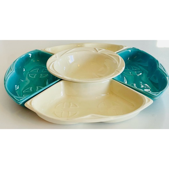 VTG 5 pc Set Maurice California Pottery S-14 Dip Dishes & Bowl USA Teal Cream - Picture 2 of 10